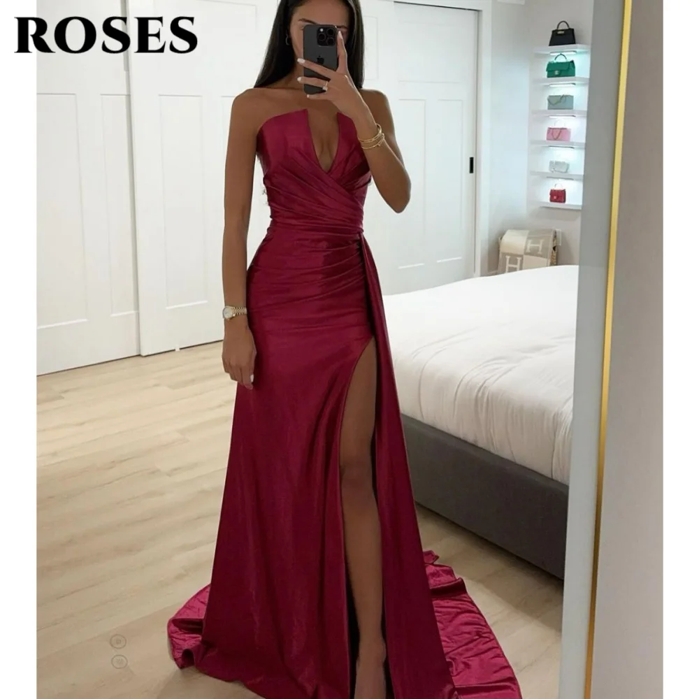 

ROSES Red Sexy Prom Dress V-Neck Sleeveless Prom Gown Satin Side High Split Formal Gown for Woman abiti da cerimonia Customized