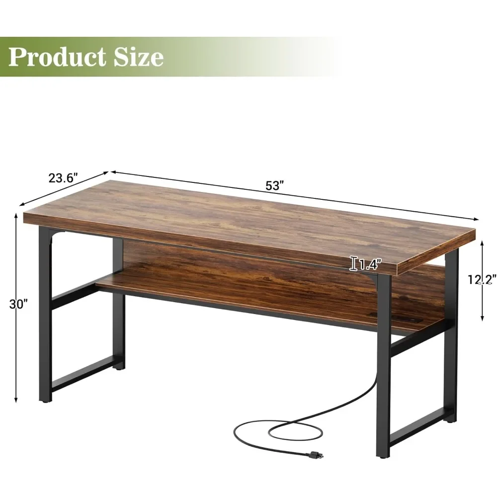 Computer Desk with 1.4” Thicker Desktop, Heavy Duty Study Writing Table with Shelf，53 Inch Desk with Power Outlets & USB Ports