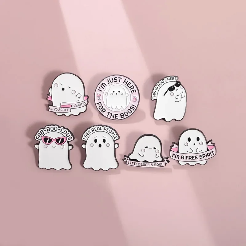 Cartoon Sunglasses Ghost Boo Enamel Pins I'm a Free Spirit This is Boo Sheet Brooches Lapel Badge Spooky Jewelry Gifts Wholesale