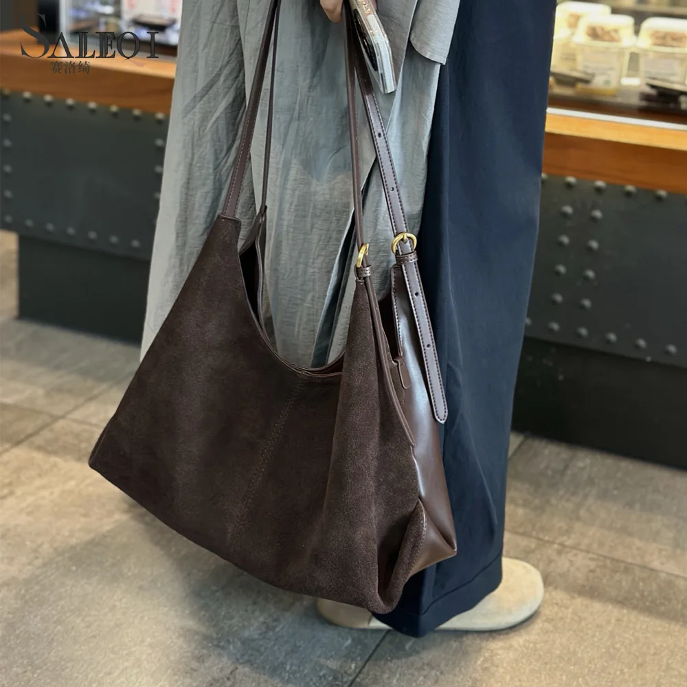 

Genuine Suede Leather Women's Shoulder Large Bag Luxury Designer Brand Soft Cowhide Female Cowhide Tote Underarm Bag for Woman