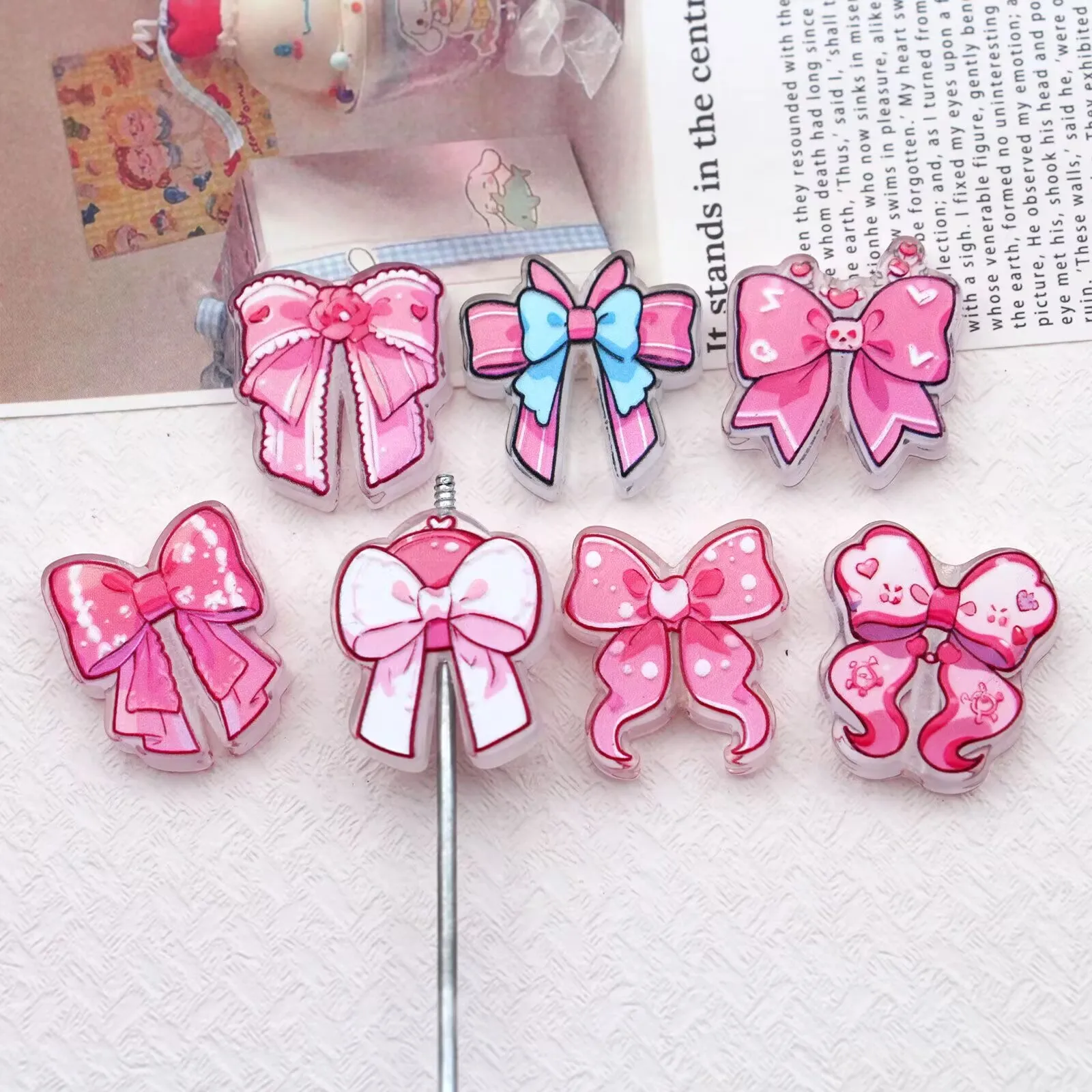 10pcs pink bow shape acrylic focal beads  For pen bookmark badge reel bracelet DIY material