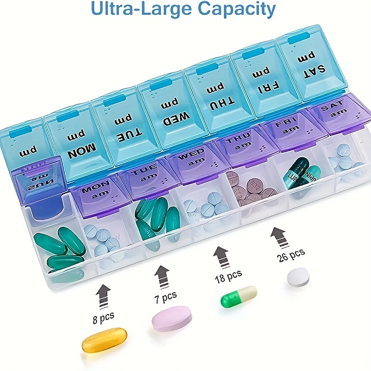 1 Portable Medicine Box, Medicine Pile Sorting Box, 7 Daily Compartments, Am Pm Slots, Weekly Dose Container, Medicine Pile Rack