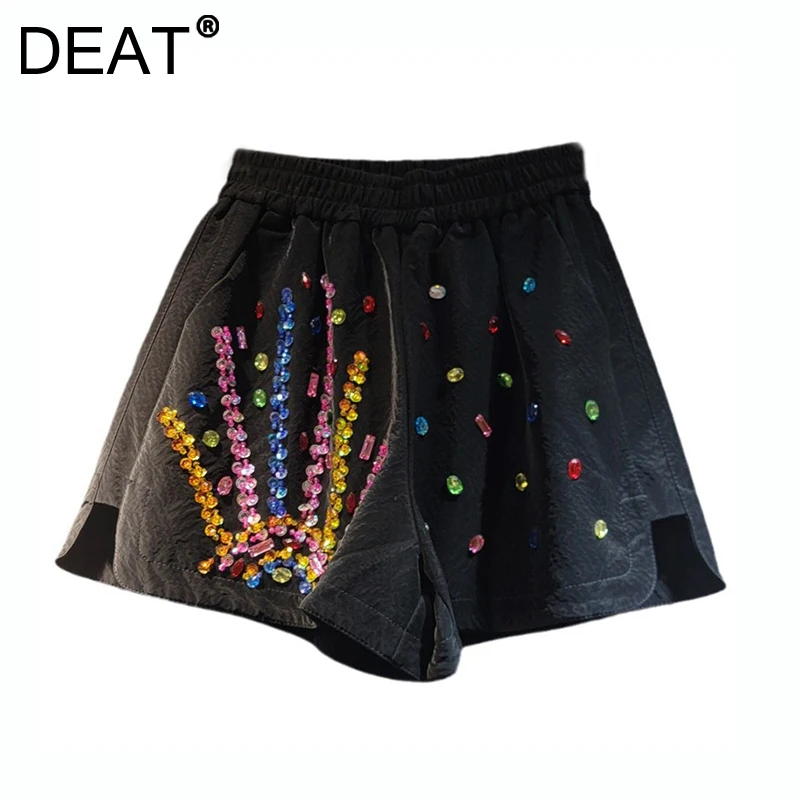 DEAT Women's Shorts Colorful Crystal Sequins Elastic Waist Loose Wide Leg A-line Short Pants 2025 New Fashion Spring 29L8928