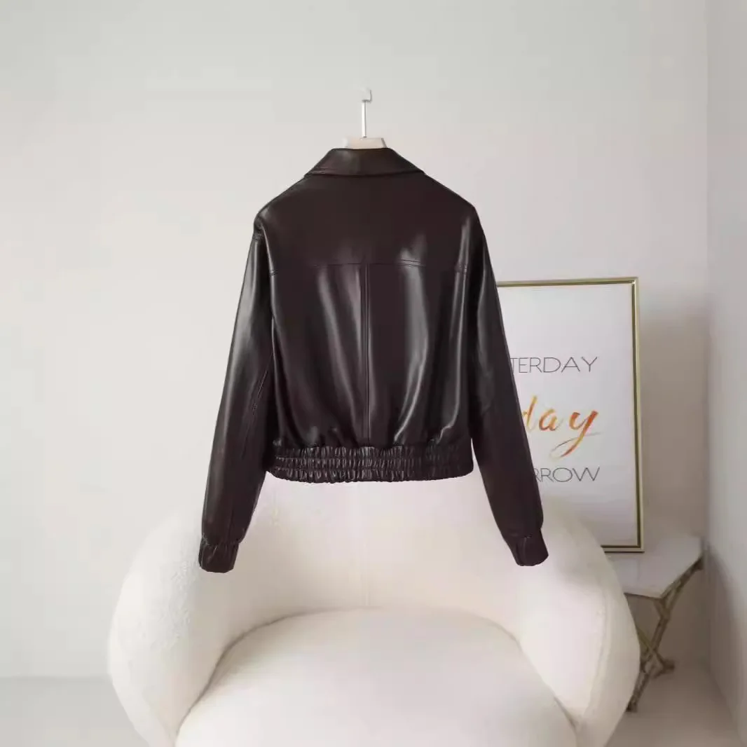 Chaqueta de cuero con cuello cuadrado, Chaqueta corta de piel de oveja semivegetal curtida