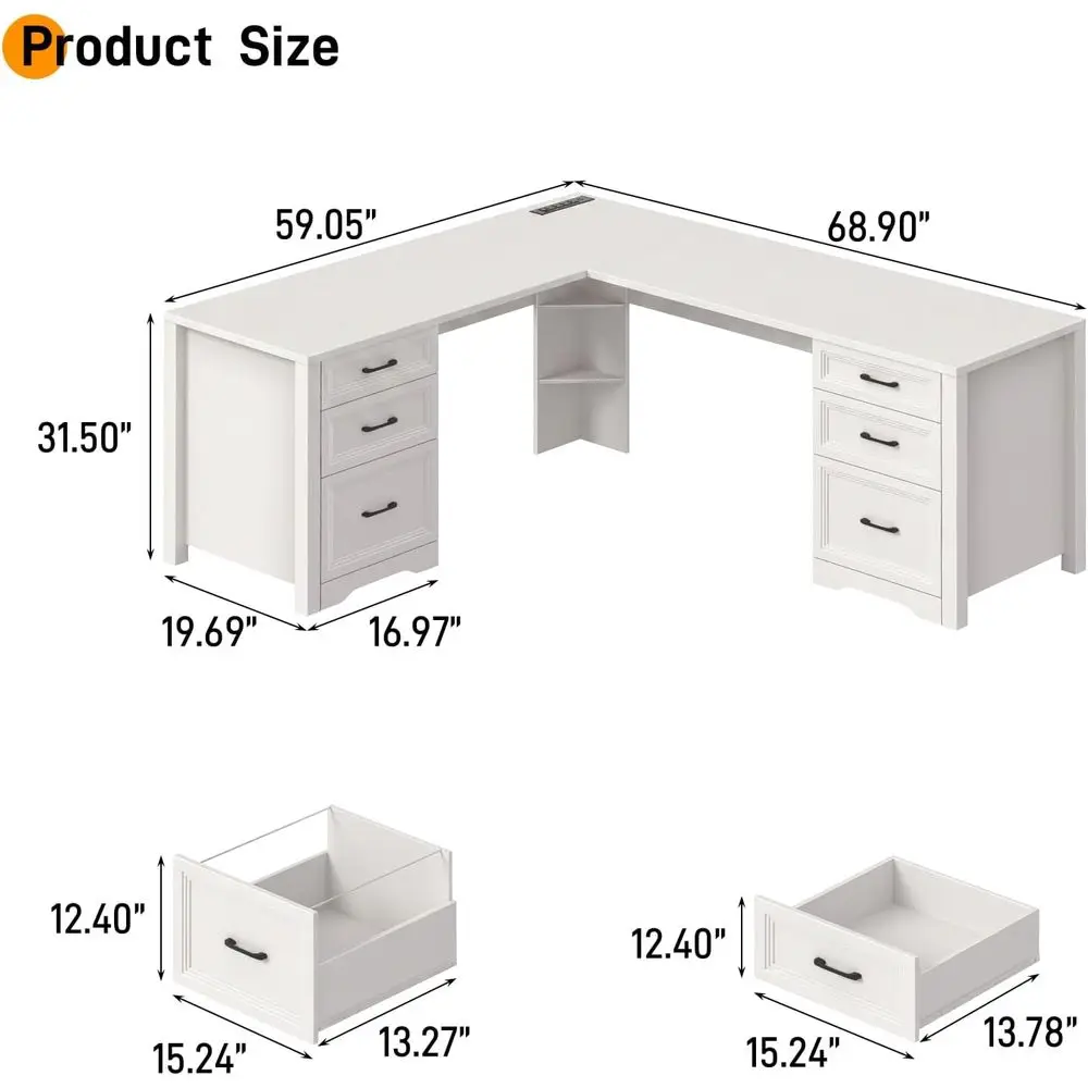 L-Shaped Executive Office Desk with 6 Drawers, Power Outlets, and Under-Desk Storage, White