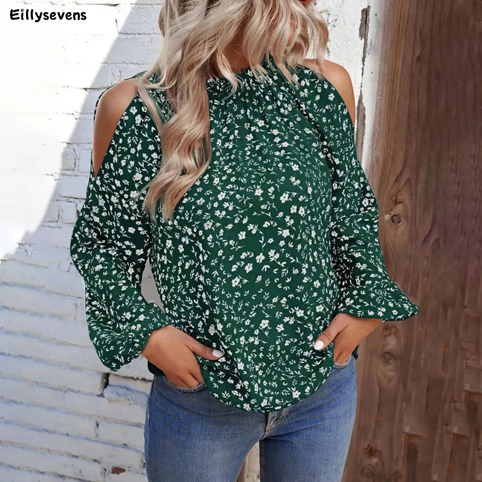 New Off-shoulder Top Printed Small Floral Women's Lantern Sleeve Off-shoulder Cable Pattern Top Casual Long Sleeve Floral Printe