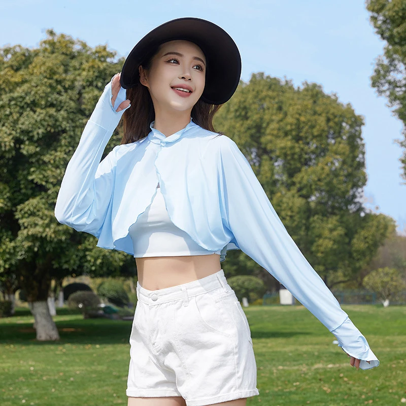 Rimocy Summer Sun Protection Thin Cardigan Women All Match Ice Silk Long Sleeve Crop Tops Woman 2024 Cycling Run Sunscreen Shirt