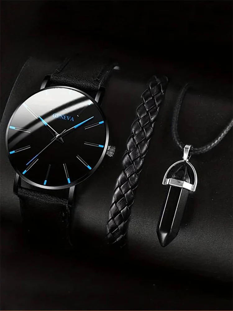 3PCs Men\'s Simple Round Belt Quartz Watch+Woven Bracelet+Necklace Combination Set