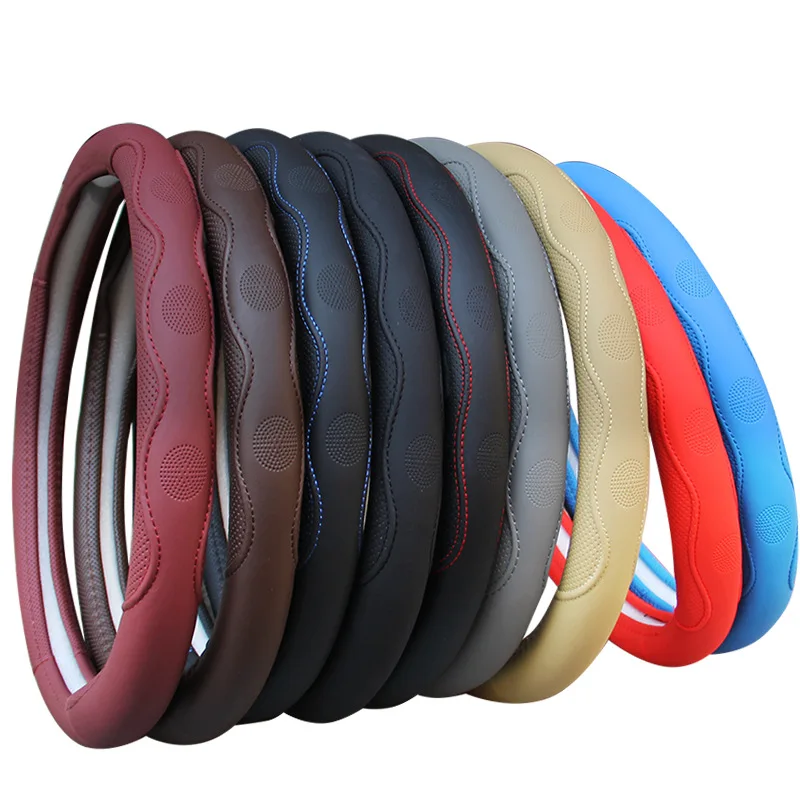 

PU Fiber Leather Embossed Car Steering Wheel Cover Anti-slip Inner Ring 14.5-15 Inch Round Auto Decoration