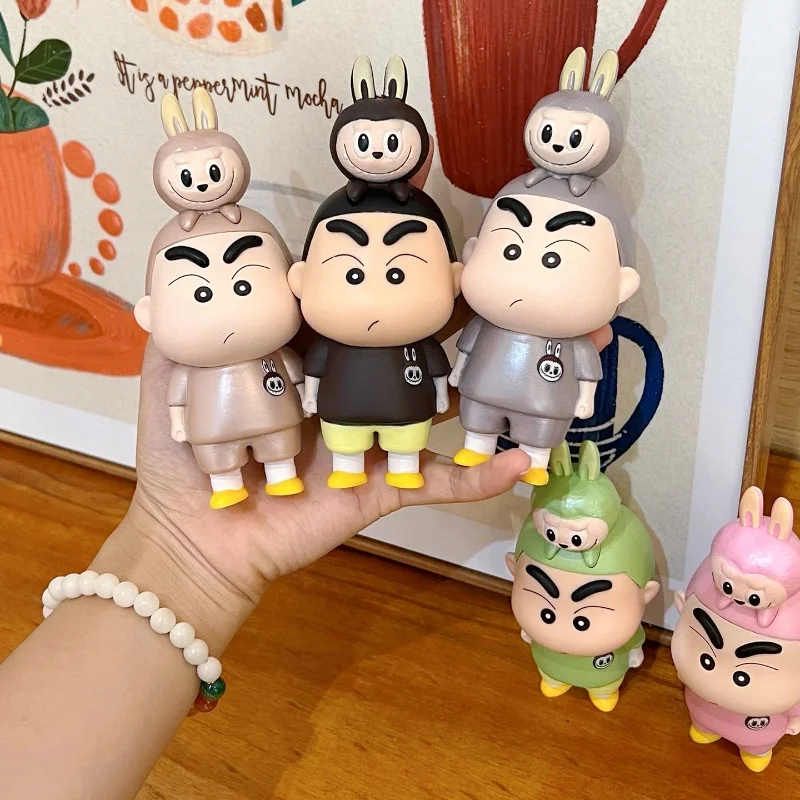 14cm Crayon Shin-Chan With Labubu Anime Figure Model Pvc Handmade Trendy And Cute Model Ornaments Collectible Birthday Toy Gift