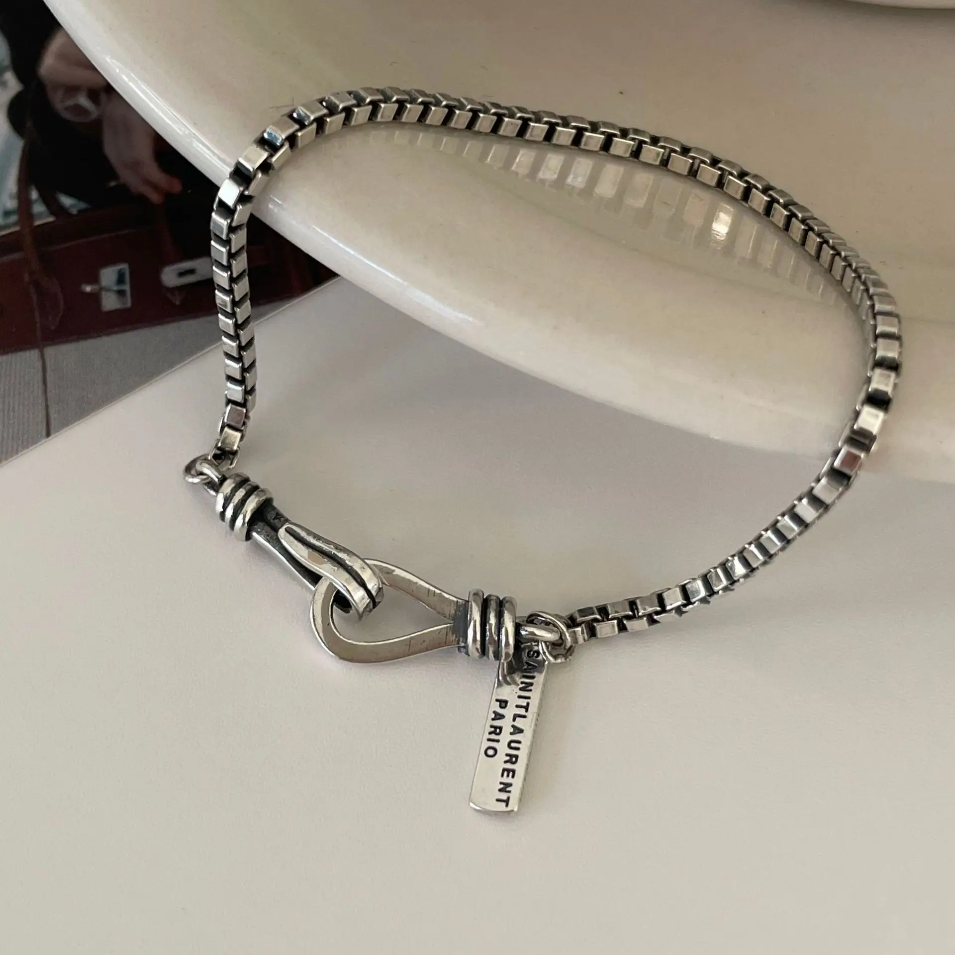 925 Silver Bracelets thick vintage English letter tag Hand Chain  retro  Jewelry Women Versatile Pulsera Plata 925