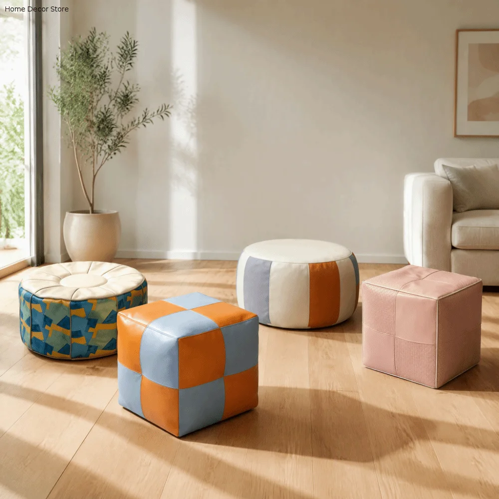 Soft PU Leather Footstool Cover Unfilled Waterproof Sofa Stool Cover Bohemian Style Large Capacity Floor Seat Cushion Rest Area