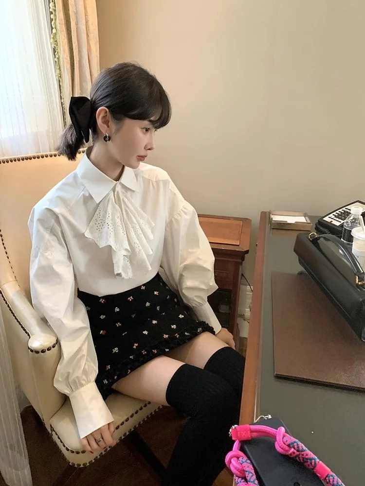 

Lace Trim White Shirt Women's Fashion New Spring Autumn Top Small Size Layered Inner Wear Base Shirt Winter Korean Style Loos...