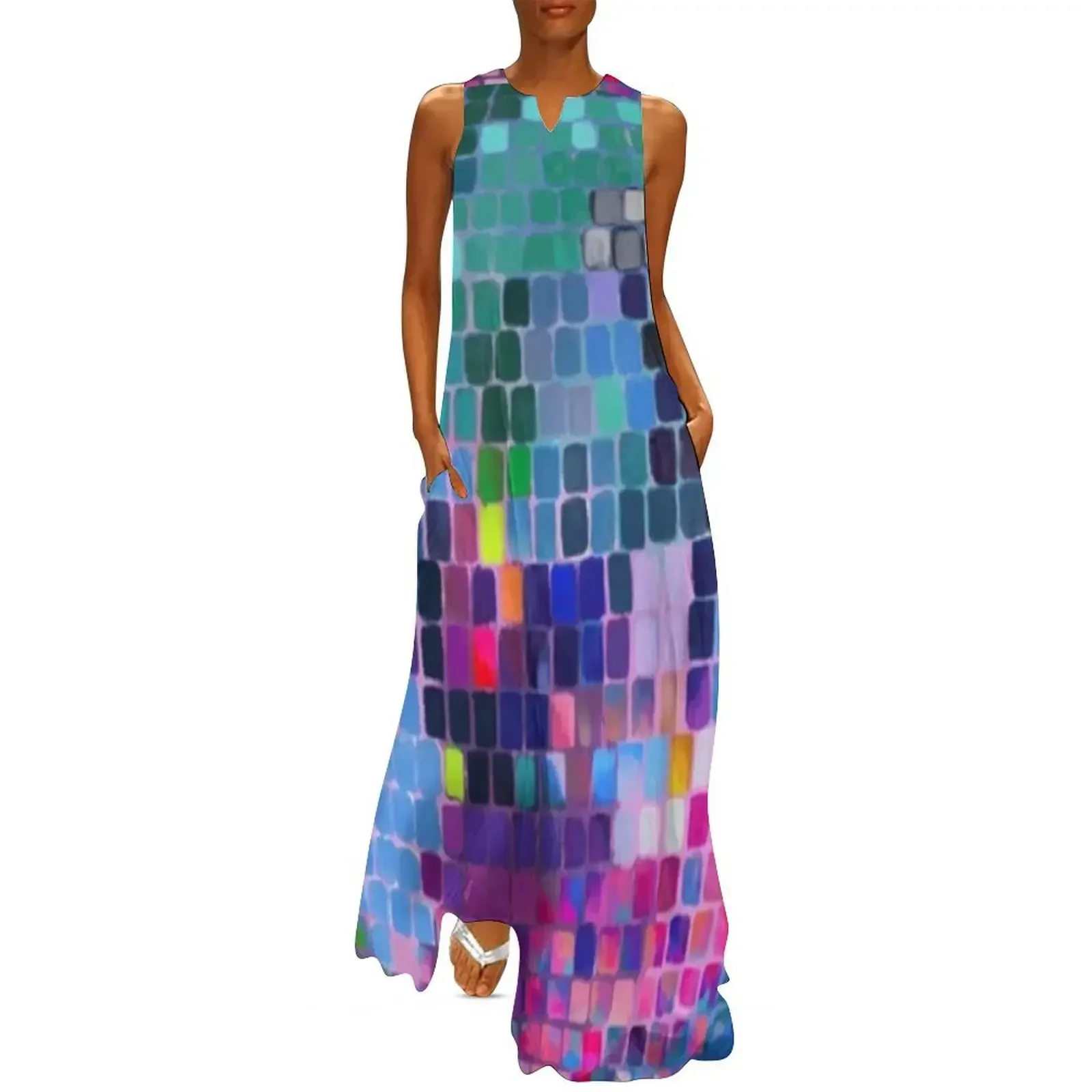 

Disco ball rainbow disco fever boogie dance retro 70s club disco party checkered colorful vintage glass squares Long Dress