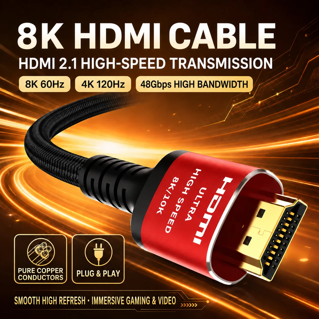 8K HDMI 2.1 Cable 48Gbps High Speed Nylon Braided Cord 4K120Hz Gold Plated Aluminum Shell for TV Monitor PS5 0.5M 1M 2M 3M 5M