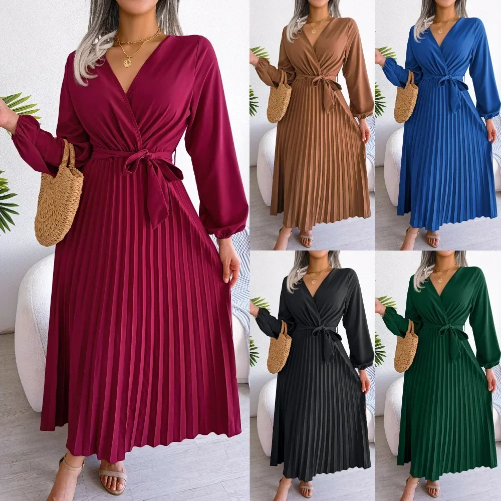 Women Summer Elegant Cross V-neck Swing Pleated Dress Long Maxi Loose Dress Ankle Length Solid Color