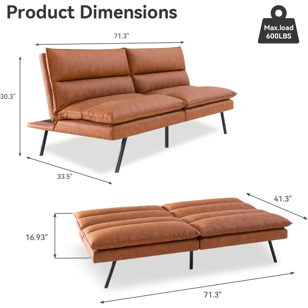 Convertible Armless Futon Sofa Bed,Faux Leather Memory Foam Futon Couch Bed,Small Splitback Loveseat Sleeper Sofa