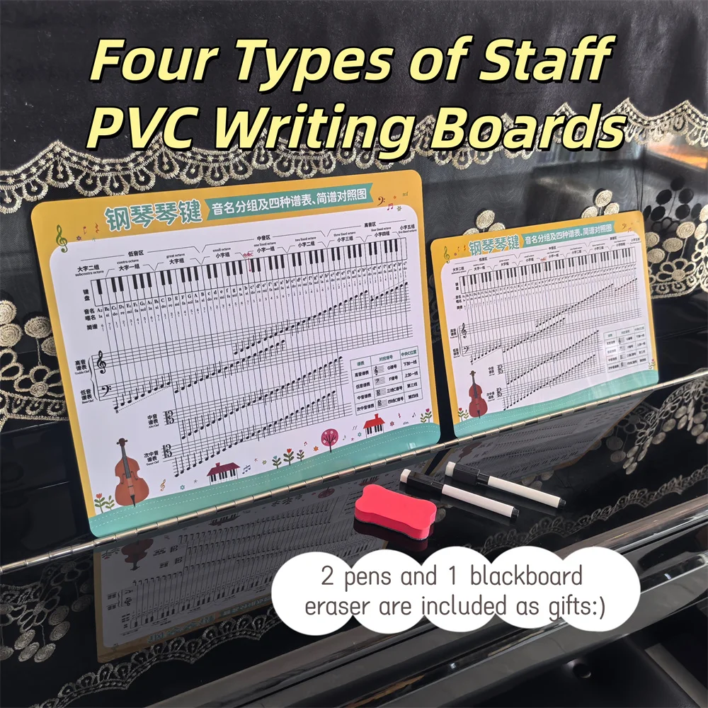 Music Staff White Board Keyboard Practice Dry Erase Basic Clefs Sheet Double Side with Staff Chart Piano Class Teaching Aid Prop
