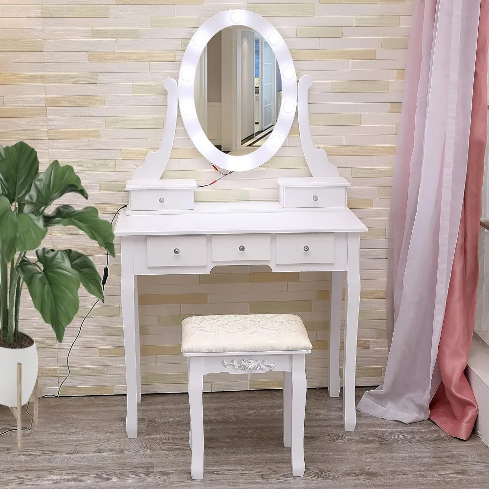 Girl's Dressing Table with Mirror and Lighting, Makeup Dressing Table with Illuminated Mirror and Stool, with Large Drawer