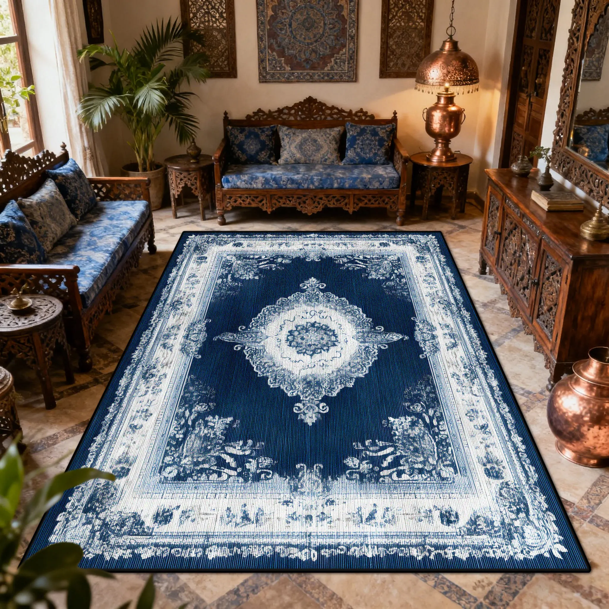 

Синий персидский ретро-роскошный мягкий ковер для гостиной, украшение для спальни, террасы, пушистый ковер, большая площадь, нескользящие модные коврики