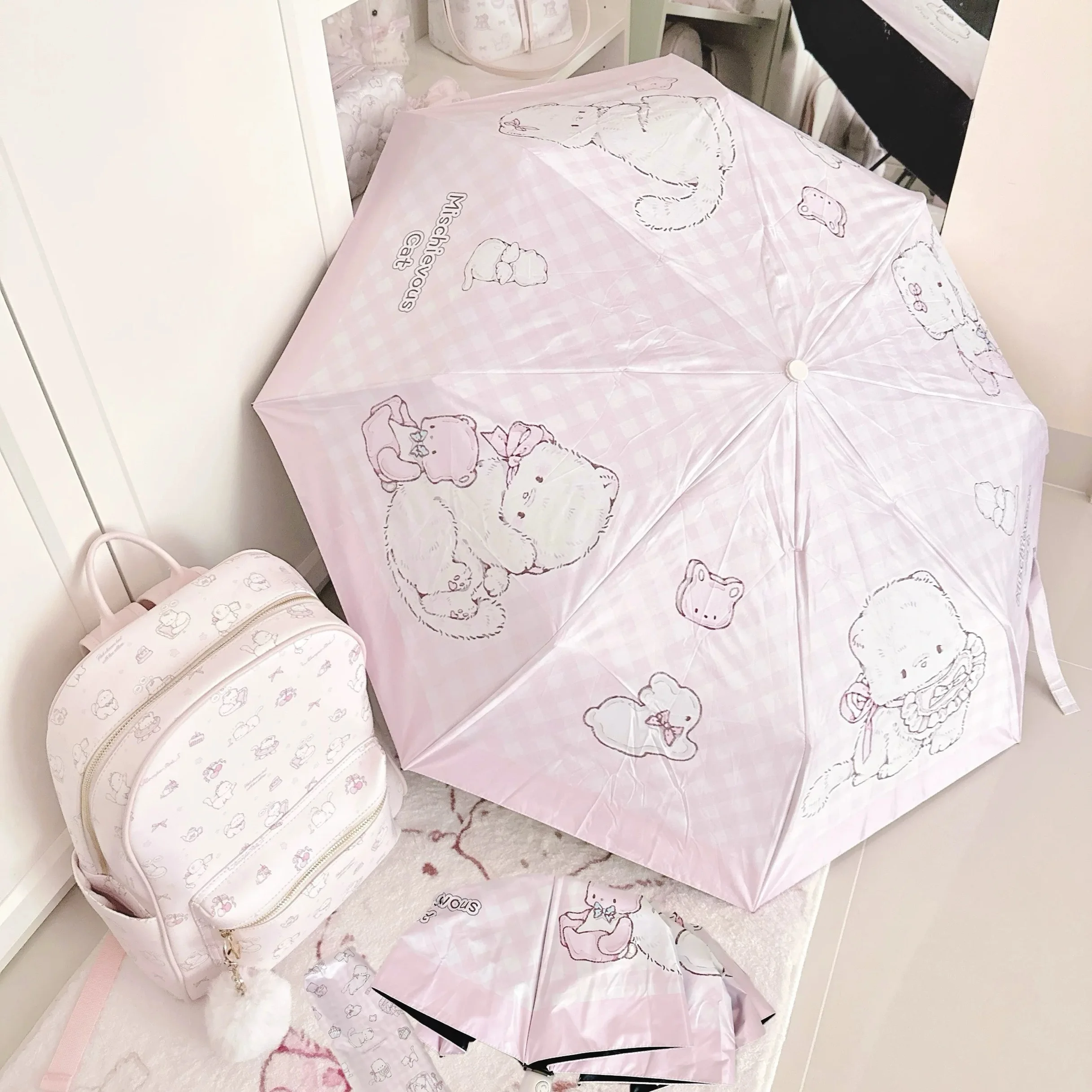 Cute pink kitten folding umbrella sun protection and UV rain dual-purpose sun umbrella student portable sunshade