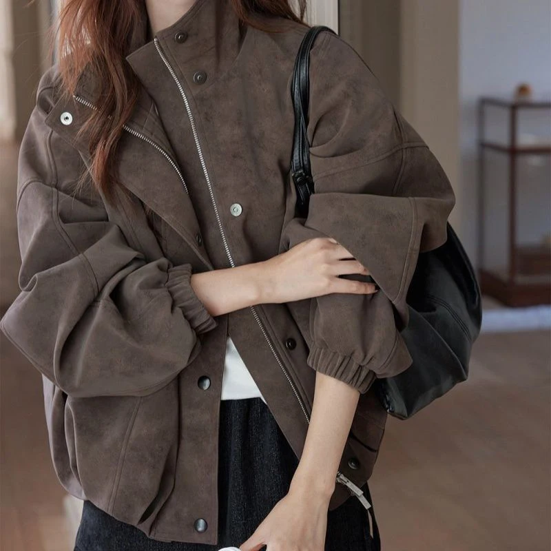 Women Faux Suede Jacket Stand Collar Zip Up Oversized Coat Drop Shoulder High Street Retro Y2K Long Sleeve Winter Warm Outerwear