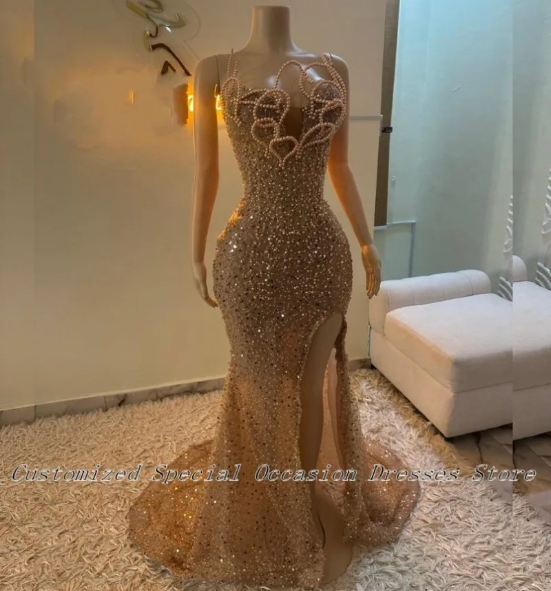 

Luxury Prom Dresses For Girls 2026 Sparkle Mermaid Split Sleeveless Sequins Pearls Party Dance Dress Evening Gowns Customized