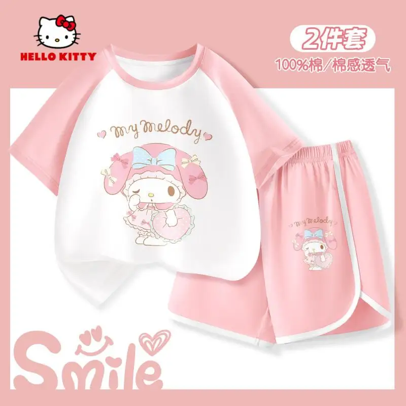 سانريو مرحبا كيتي فتاة الصيف دعوى القطن الخالص تي شيرت السراويل الكرتون الطباعة الراحة ملابس الأطفال Kawaii نمط جديد حار