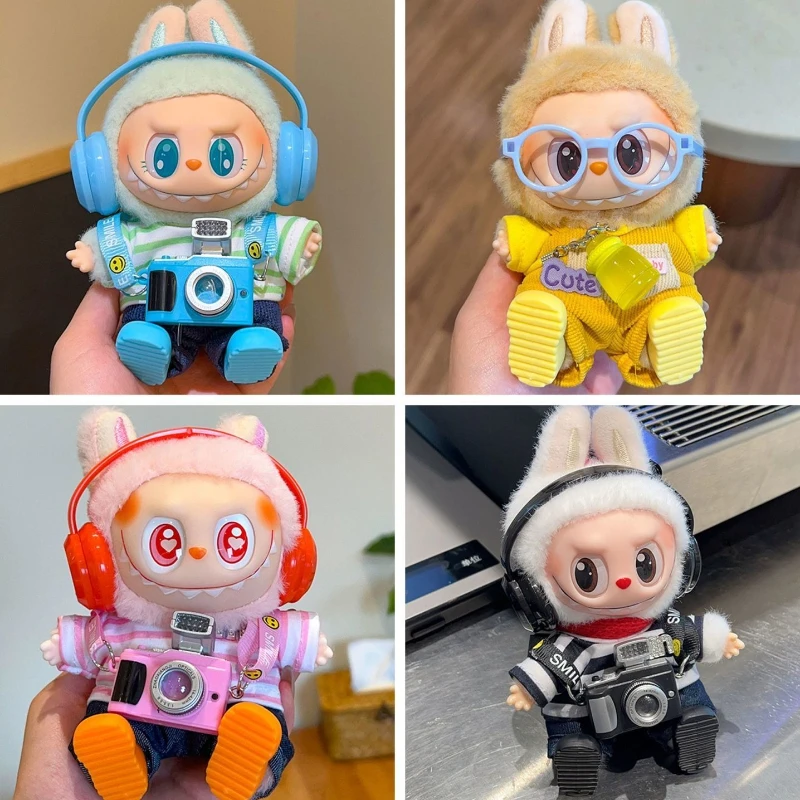 

Suitable for 15cm/17cm Labubu V1 V2 V3 Doll Headphones Camera Pendant Tops Pants Shoes Set Clothes Trendy Cool Accessories Gifts