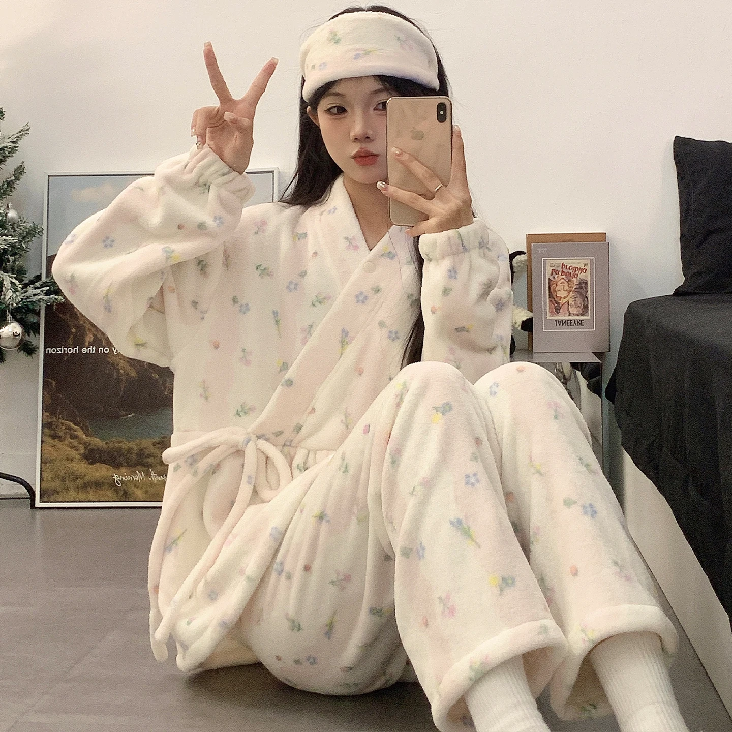 

Комплекты пижам женские с капюшоном, шелковые, в горошек, в японском стиле, для сна, с вырезом-лодочкой, до икр, легкие, свободные, 2026