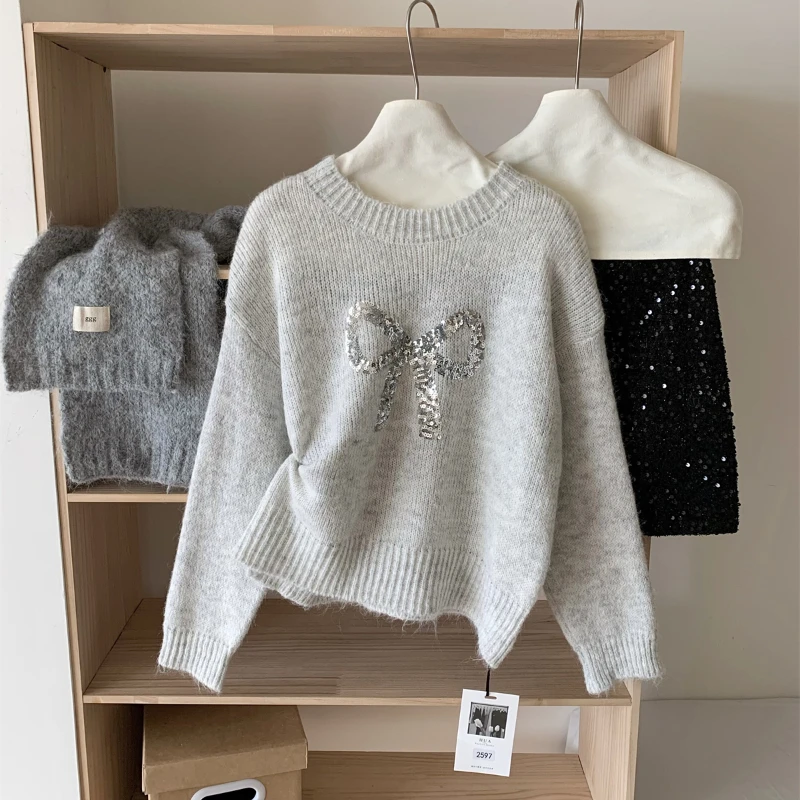 Winter Women Vintage Long Sleeve Sequin Mohair Knitted Sweater 2000s Aesthetic Korean Fashion Girls Pullovers Cuddly Cozy Chic