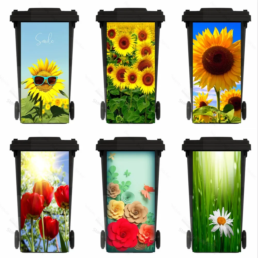 Plant Flowers Adhesive Removable Waterproof Sticker Decals Renew Rubbish Bin Trash Can Cover Sticker Ktichen Art 120L 240Liter