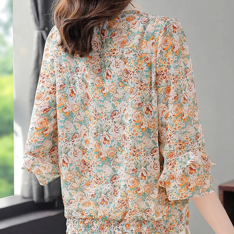 Elegant Fashion Printed Ruffles Chiffon Shirt Spring Summer Polo-Neck Female Clothing Three Quarter Sleeve Casual Loose Blouse