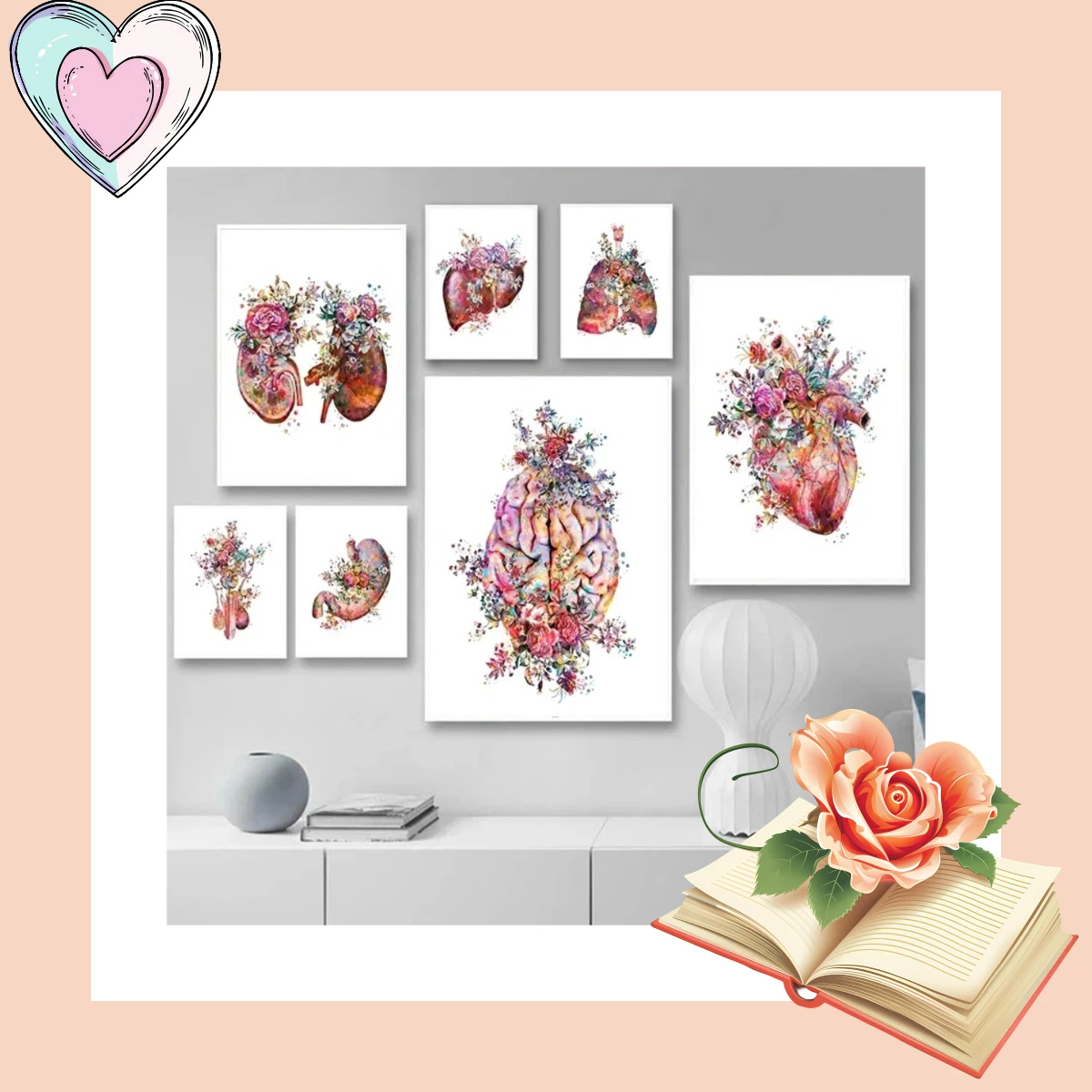 Floral Anatomy in Color – Medical Heart Lung Organs Botanical Frameless Canvas for Hospital Education Home Decor 2026