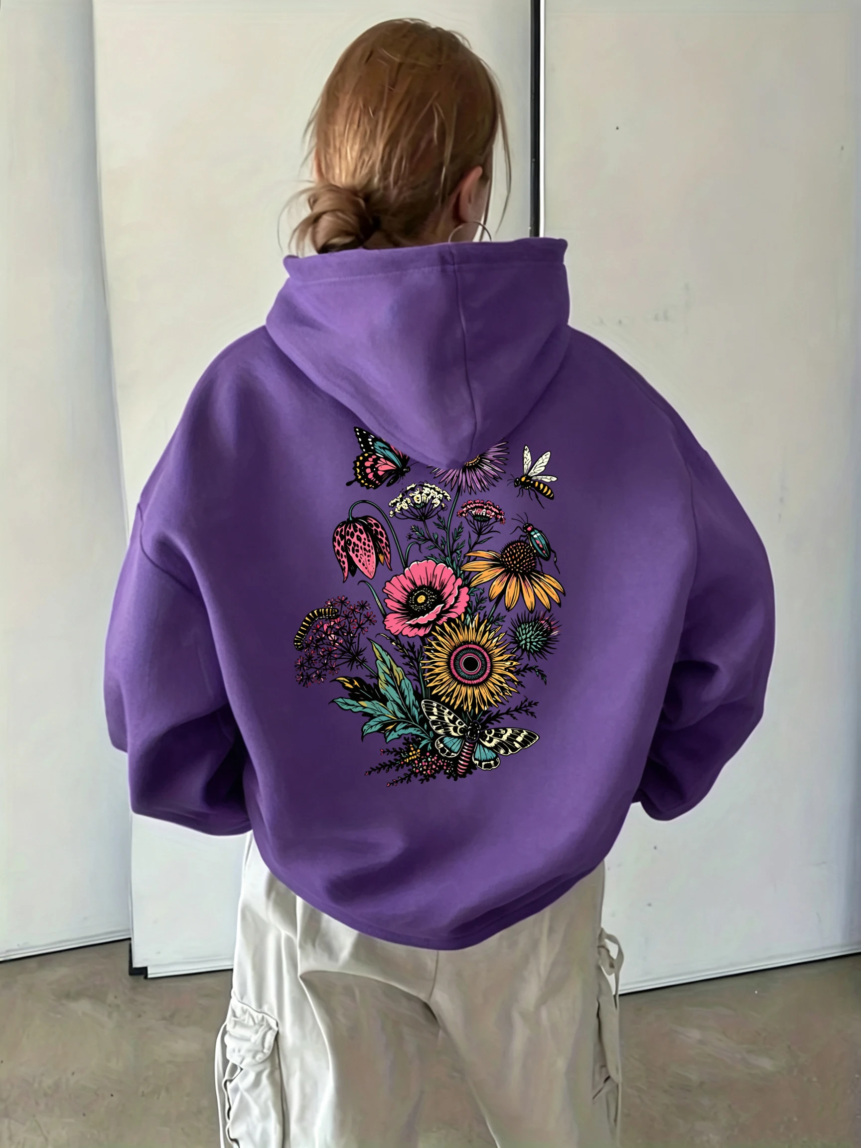 Wildflower Butterfly Moth Bee Insect Print Women'S Hoody Fleece Casual Hoodie Fashion Comfortable Pullover Autumn Pocket Hoodies
