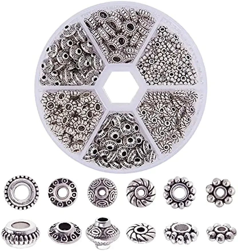 

300pcs 6Style Antique Silver Spacer Beads Tibetan Metal Alloy Jewelry Beads Tube Spacers Flower Flat Rondelle Small Loose Beads