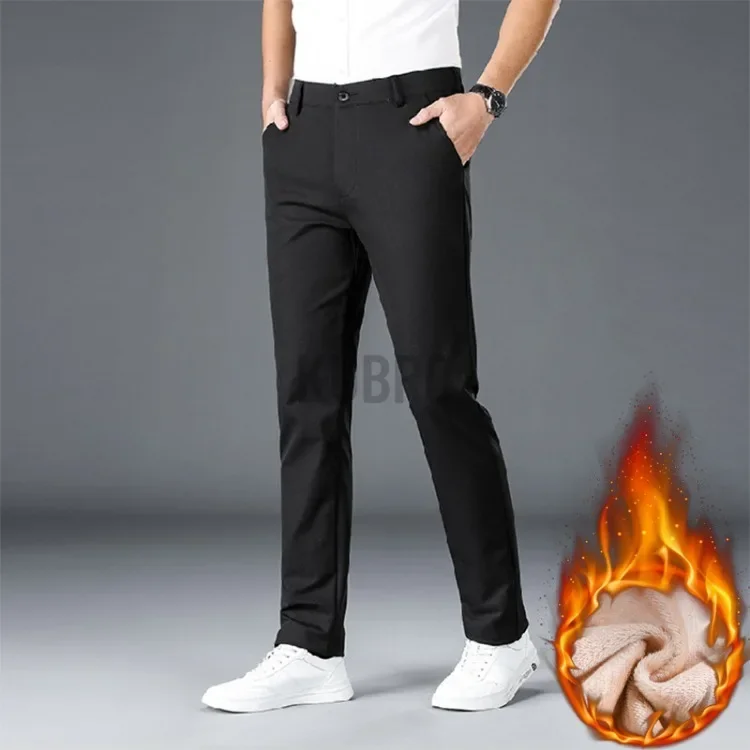 KUBRO Winter Elastic Fleece Warm Men Pants Formal Versatile Elegant Pantalones Hombre Business Casual Loose Straight Suit Pants