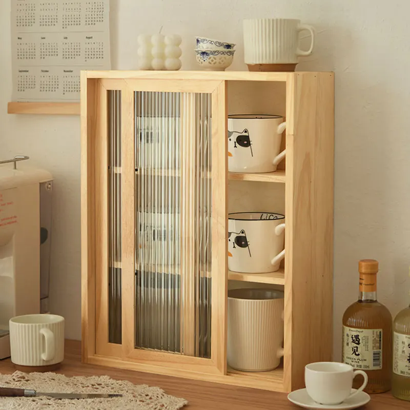 

Органайзер для кофейной станции из цельного дерева, пылезащитный шкаф-витрина для чая и напитков, многоцелевой настольный шкаф для хранения предметов первой необходимости в офисе