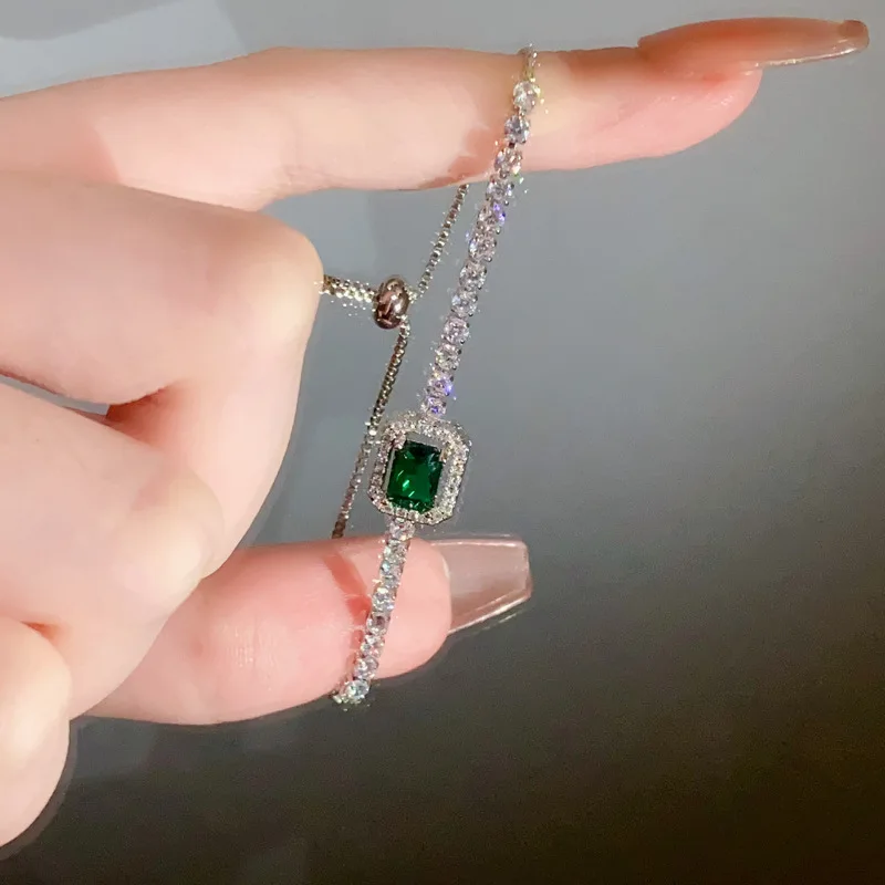 Light Luxury Style Green Zircon Square Adjustable Bracelet, Simple and Creative Handmade Accessory for Women's Gift
