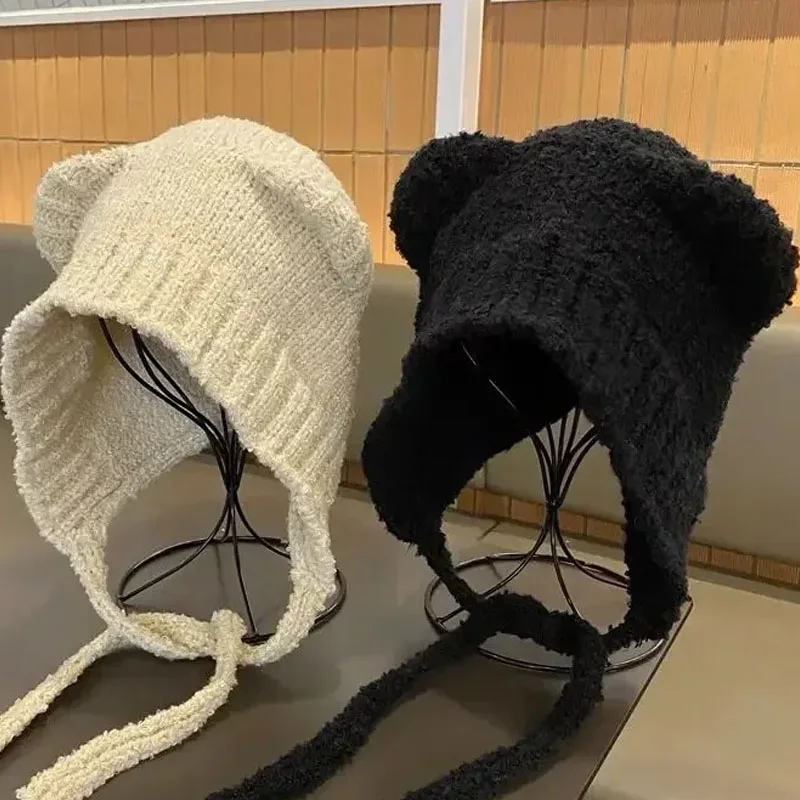 

New Cute Bear Ear Wool Hat Autumn and Winter Warm Versatile Lace-up Ear Protection Knitted Bomber Cap Bonnets for Women Gorros