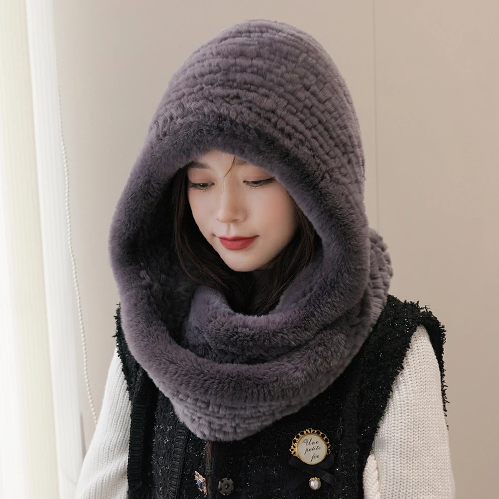 Hot Sale New Women Real Knitted Rex Rabbit Fur Hat Hooded Scarf Long Winter Warm Fur Hat With Neck Collar Scarves Hat Scarf