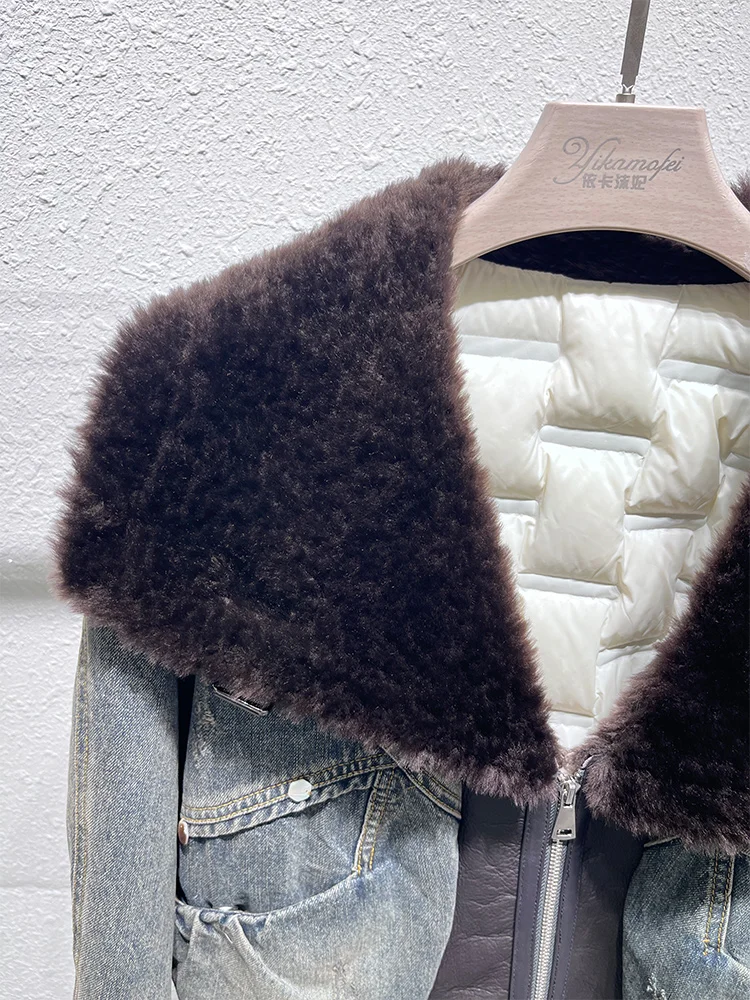 เสื้อแจ็คเก็ตยีนส์บุขนเป็ดสำหรับฤดูหนาว  คอปกขนแกะเมอริโนแท้  เสื้อพัฟเฟอร์ผู้หญิง  เสื้อโค้ทกันหนาวหนาสำหรับผู้หญิง