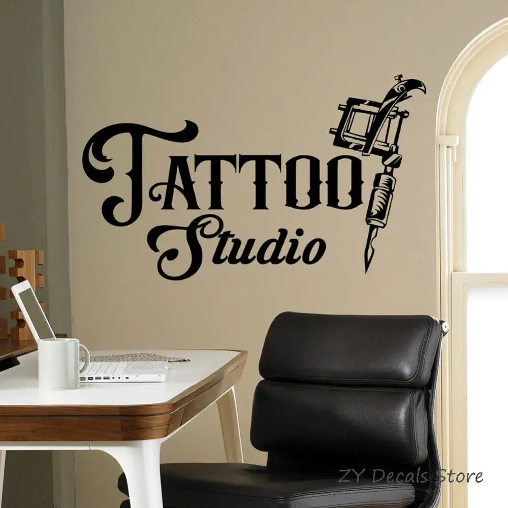 Tattoo Studio Sign Wall Decal Business Logo Poster Vinyl Art Sticker Tattoo Machines Window Stickers Waterproof Wallpaper S709