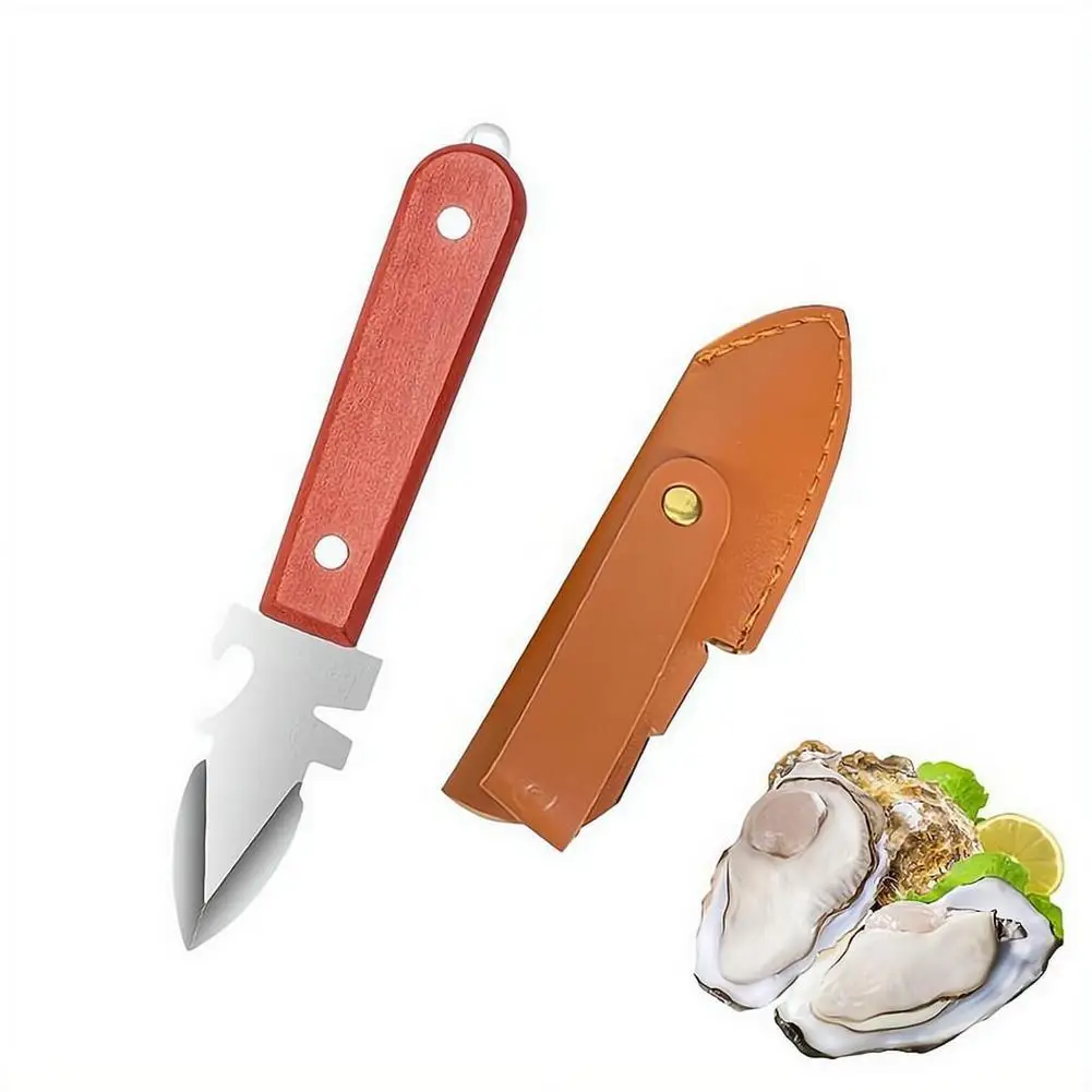 Stainless Steel Oyster Shucking Knife With Leather Sheath Wooden Handle Seafood Opener Tool For Scallop Clam Sea Urchin Shell