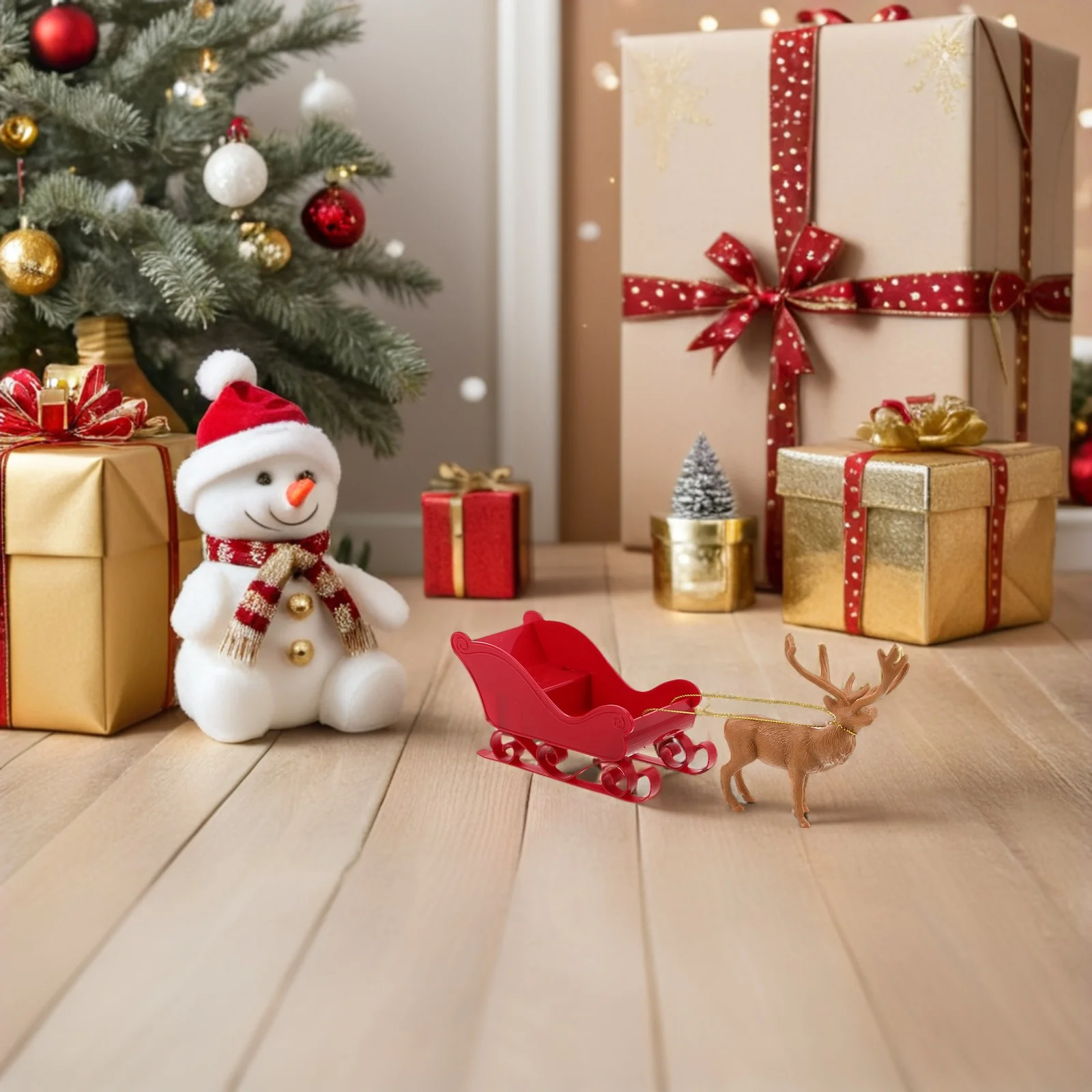 

1 set Reindeer Tabletop Ornament For Holiday Desk Mantel Holiday Santa Shelf Sleigh Decoration Display Santa Sleigh