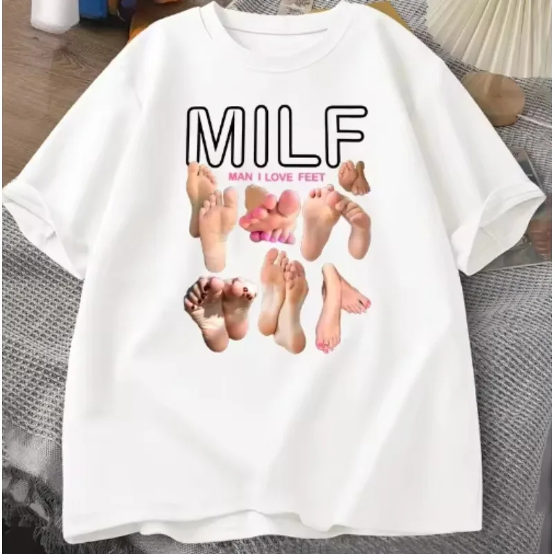 MILF Man I Love Feet Funny Graphic T-Shirt Women Short Sleeve O-Neck T Shirt Streetwear Harajuku Tee Female Clothes