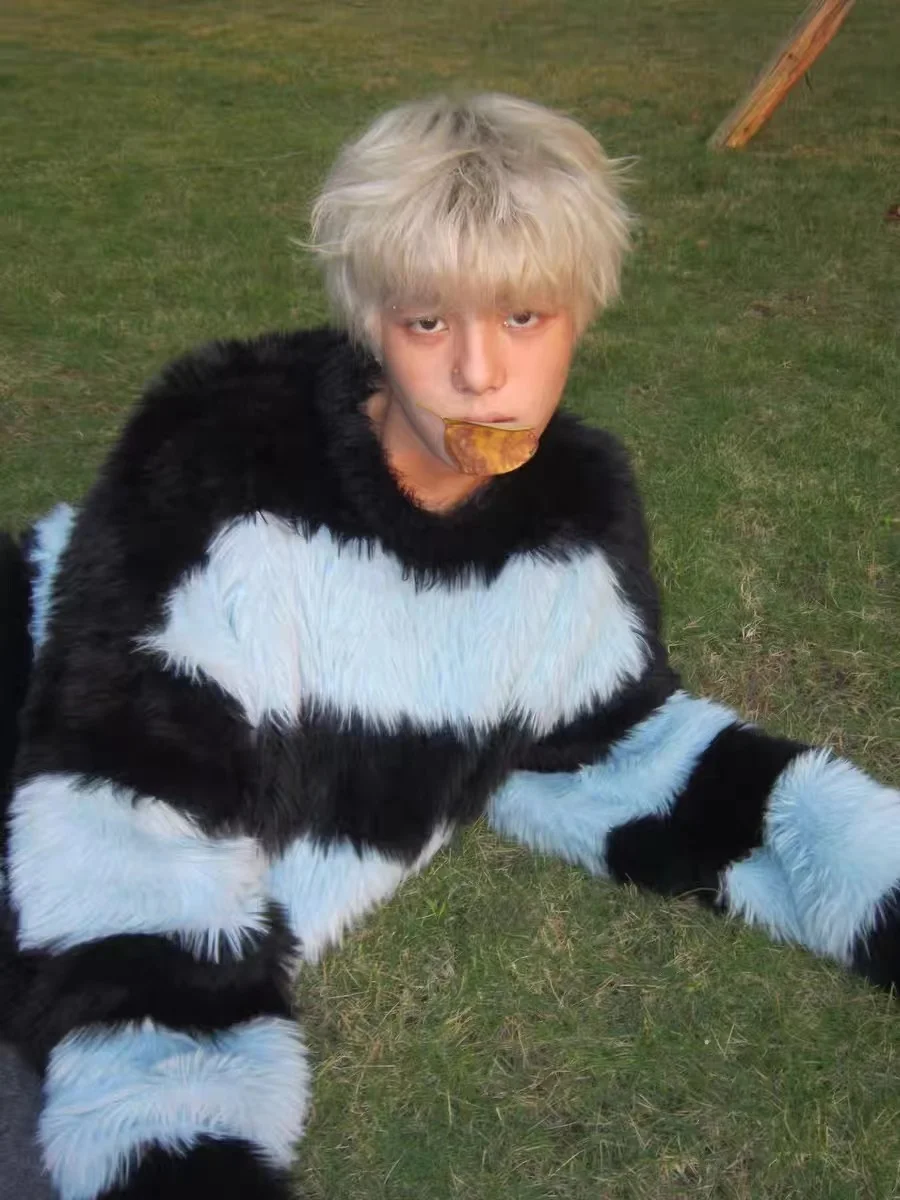 

Ретро-японский свитер из мягкого искусственного меха с цветными вставками, вязаный, для пар, осенне-зимний, высококачественный, в полоску, мужской, с длинными рукавами