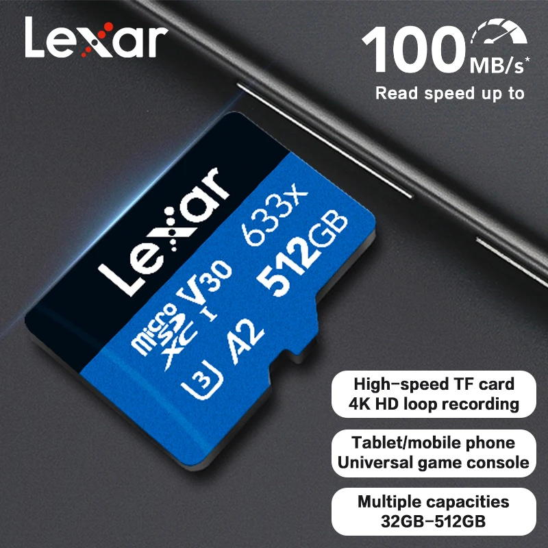 Original Lexar 633x Micro SD Card UHS-I C10 U3 V30 A1/A2 100MB/s microSDHC/XC TF Card 32GB 64GB 128GB 256GB 512GB with Adapter