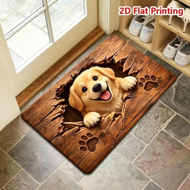 VIKAMA 3D Golden Retriever Doormat Wood Break Through Paw Print Welcome Mat Non Slip Soft Floor Rug for Front Door Entryway Pet