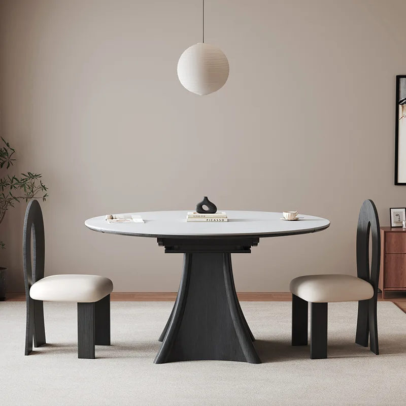 Retro solid wood rock slab retractable dining table light luxury small apartment foldable dining table water chestnut rock slab